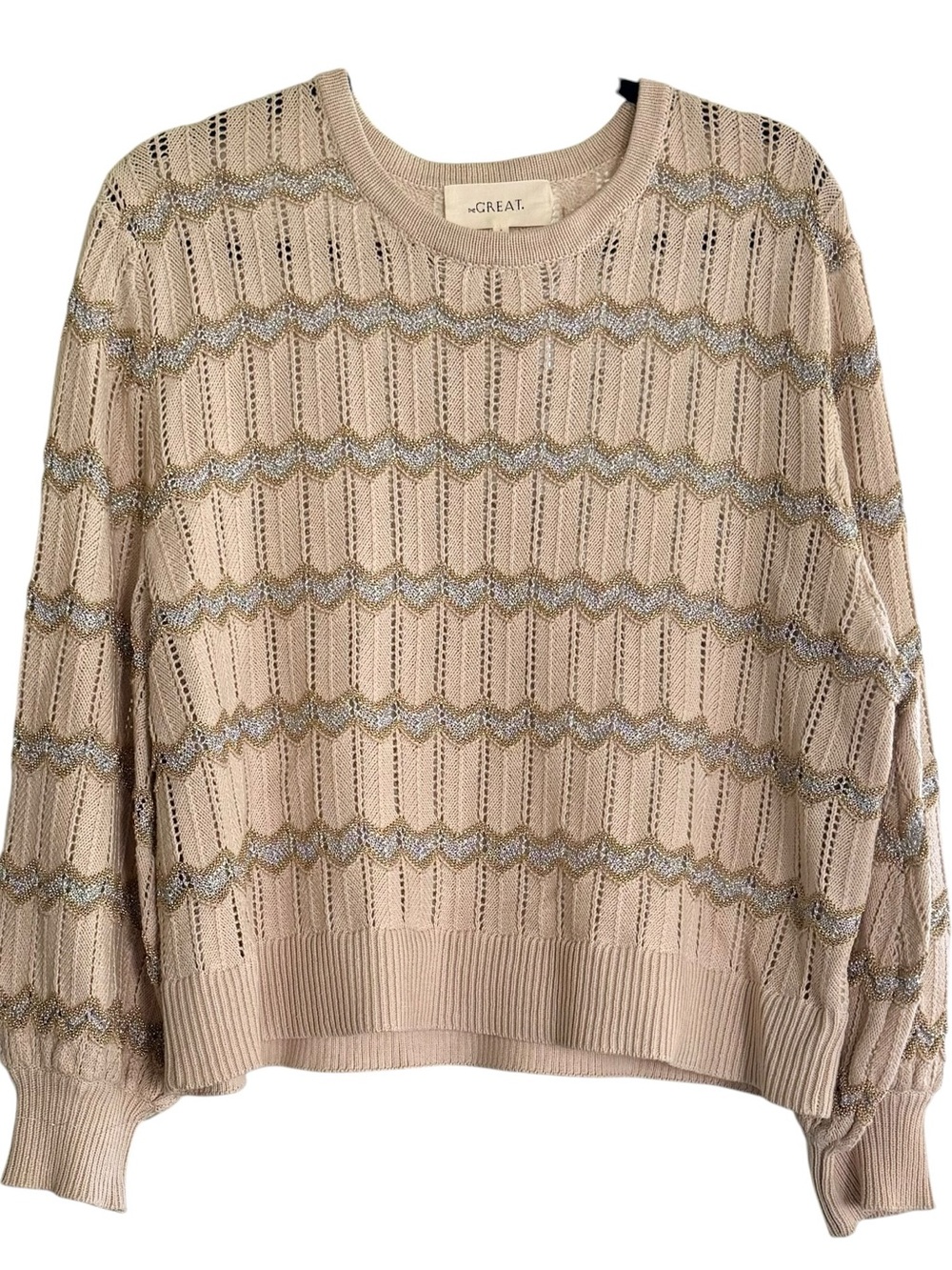 THE GREAT. Tan & Silver Metallic Zig Zag Knit Sweater Pullover Size Medium NWOT